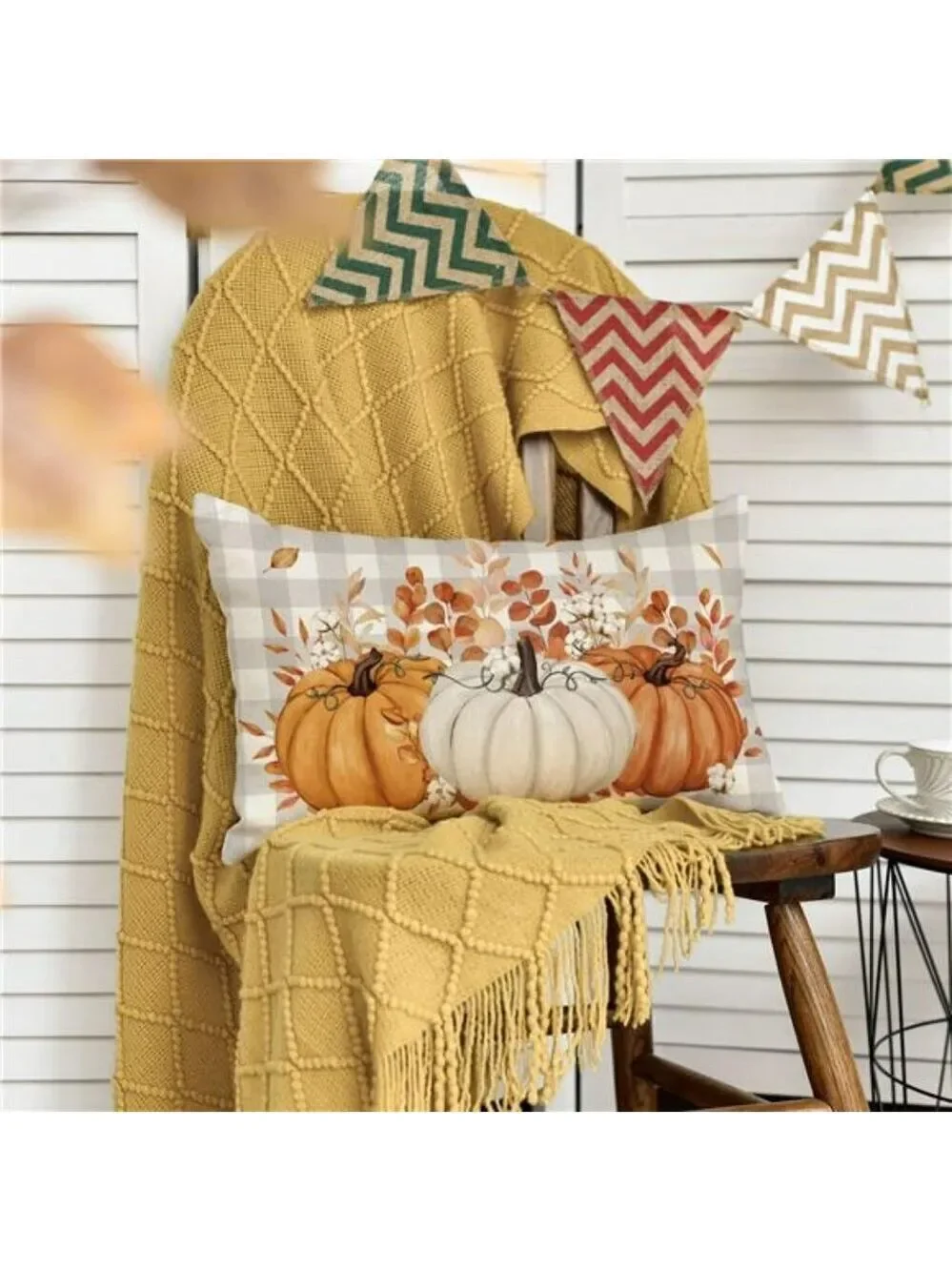 Pumpkin Buffalo Plaid Fall Throw Pillow Cover 12x20 Autumn Thanksgiving Decor